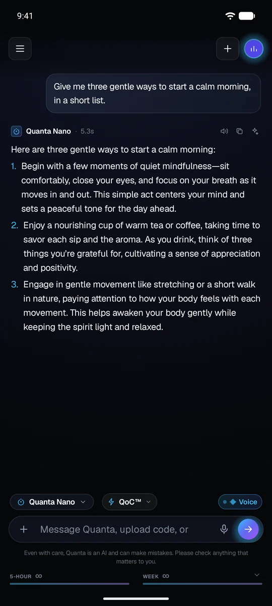 A conversation with Quanta on Android, with the usage meters under the composer.