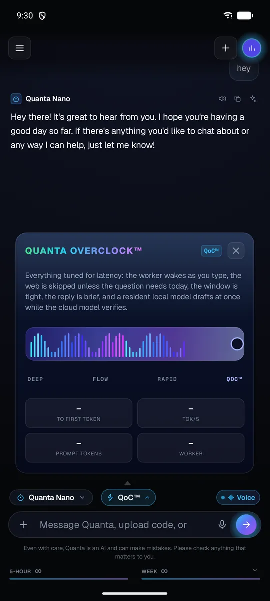Quanta Overclock on Android: the speed meter, with time to first token and tokens per second.