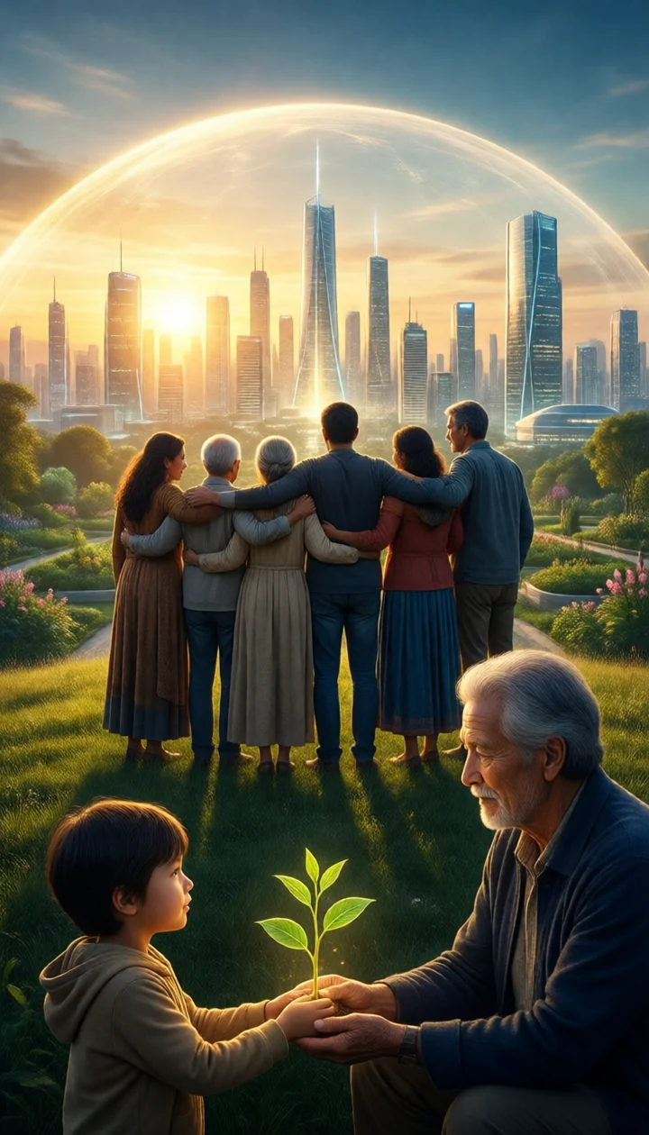 A family of many generations on a hill at sunrise under a dome of golden light, facing a city of gardens, as a child and an elder hold a glowing sapling.