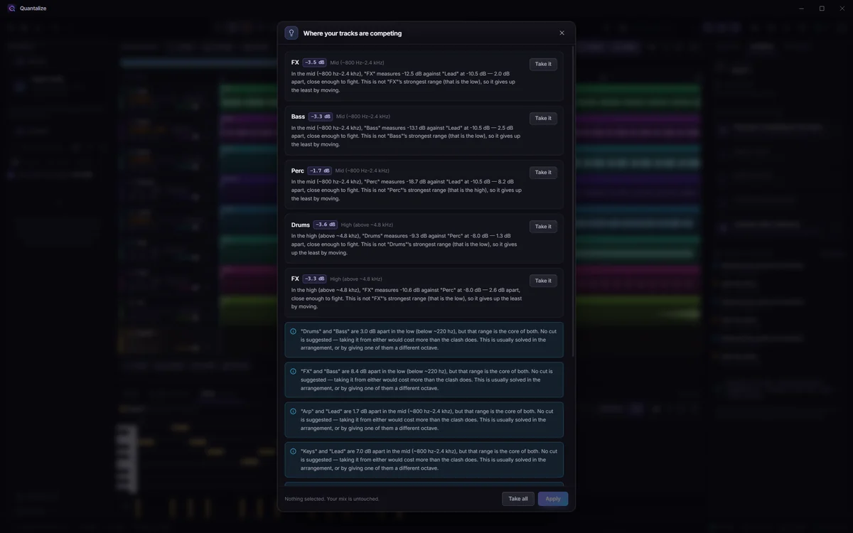 Quantalize's assistant listing where the tracks compete, each suggestion with its measurement and a Take it button, and the mix untouched until one is applied.