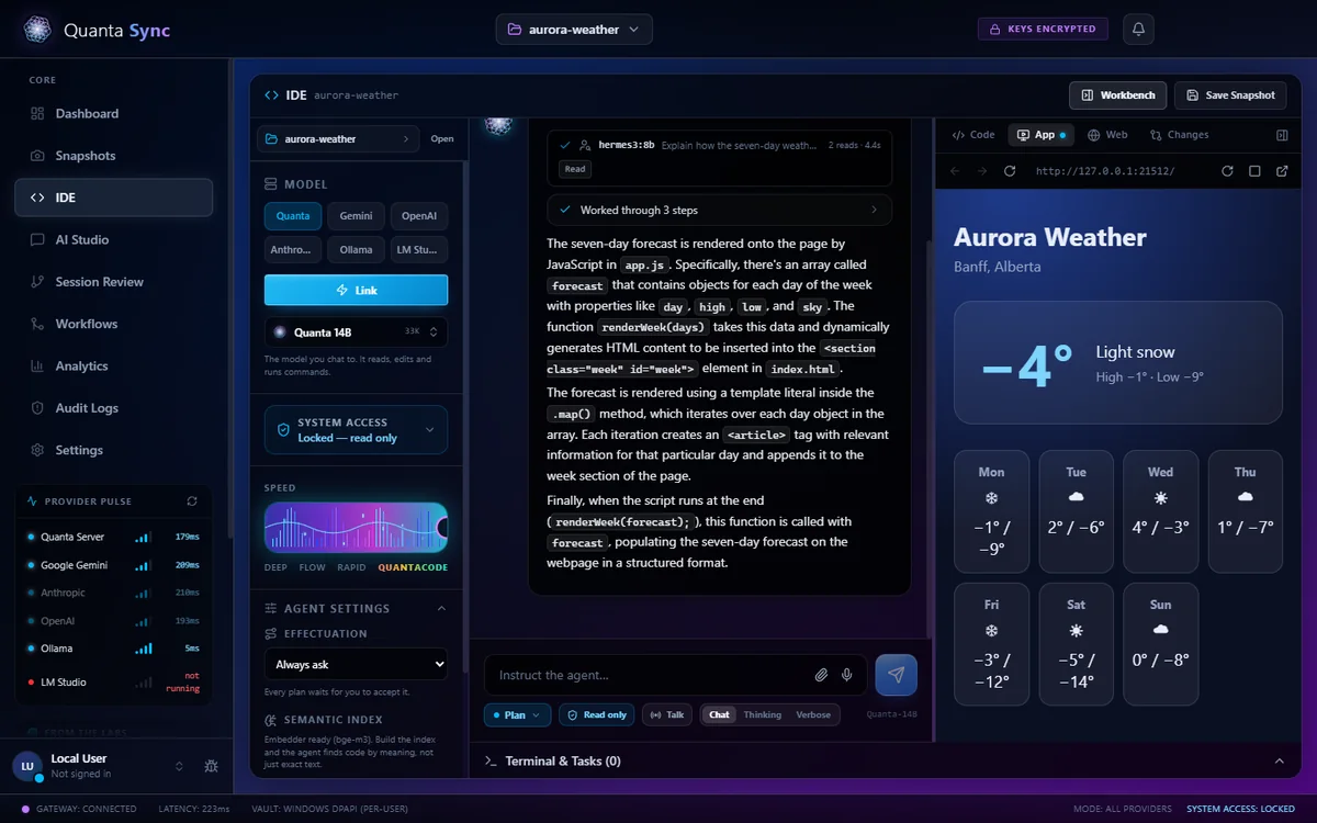 The IDE: the agent reads a weather app's files and explains them, beside a live preview of the app.